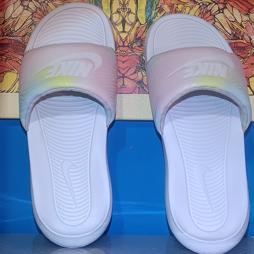 Nike Pastel Gradient Slide Sandals - White Base with Pink and Yellow Hues